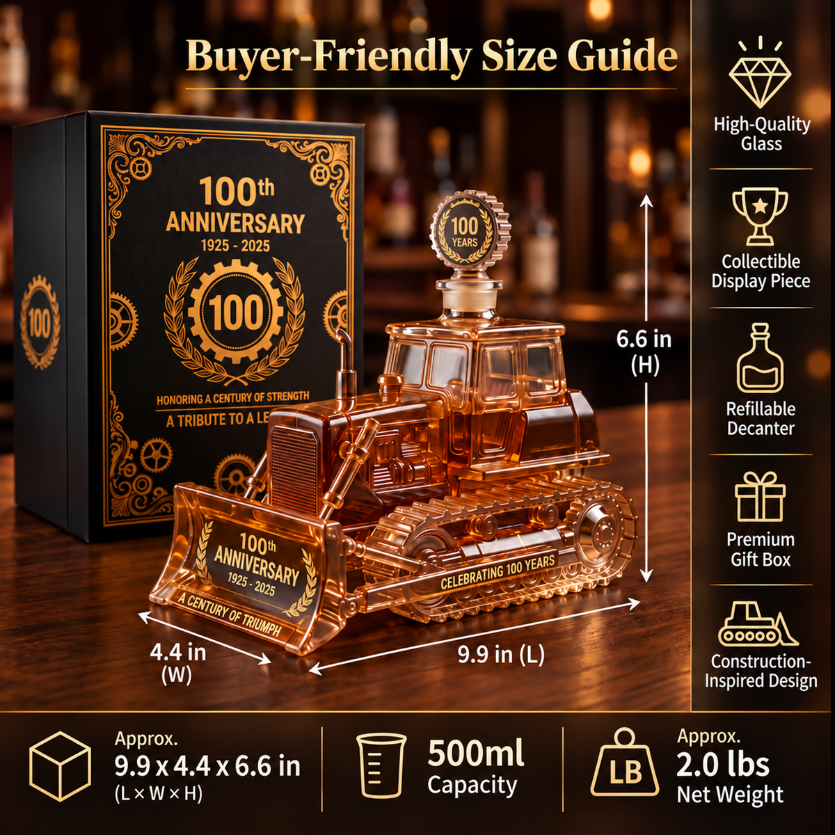 🚜 Century of Strength™ Bulldozer Crystal Whiskey Decanter – 500ml Collector Edition