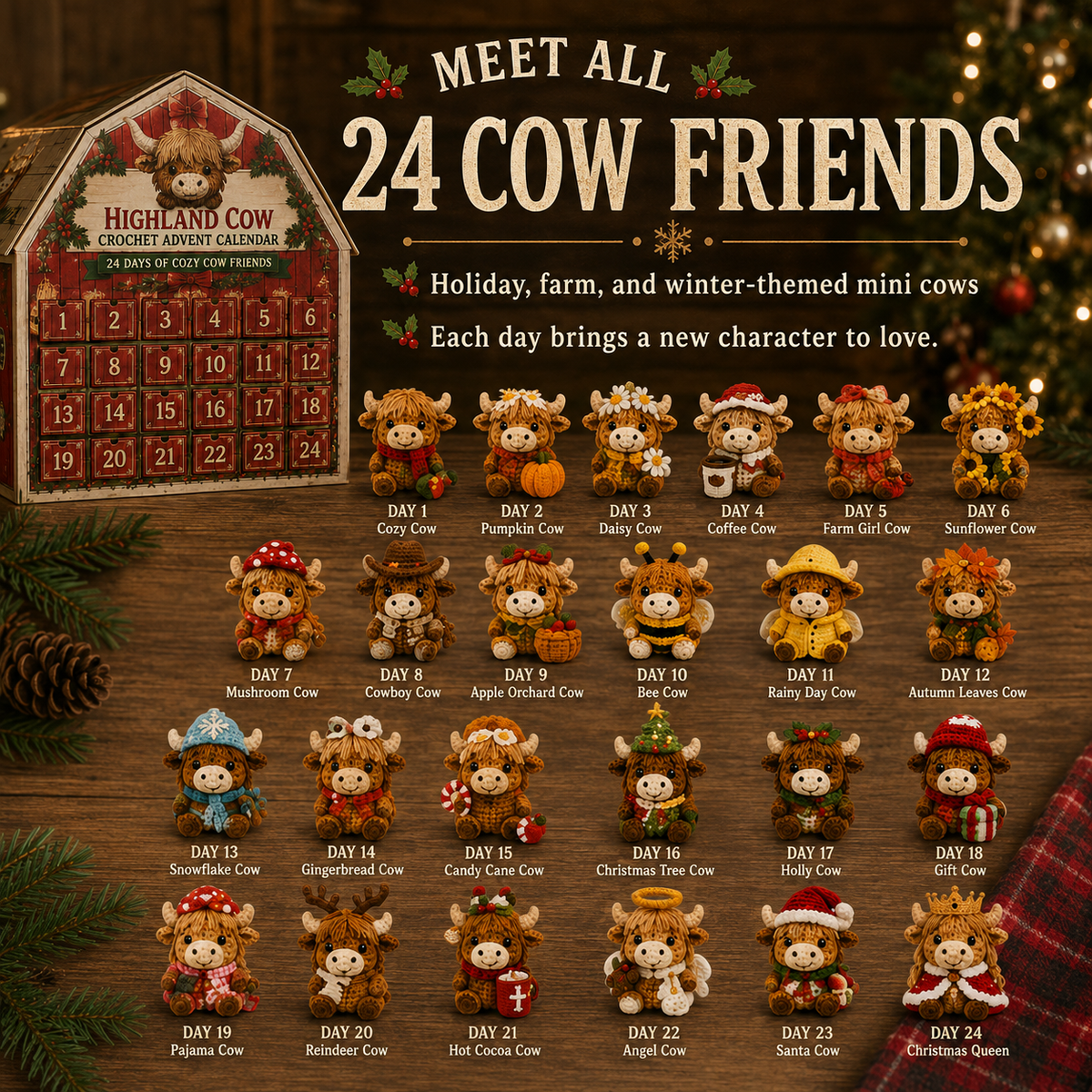 🎄 2026 Cozy Highland Cow Crochet Advent Calendar – 24 Unique Christmas Cow Friends