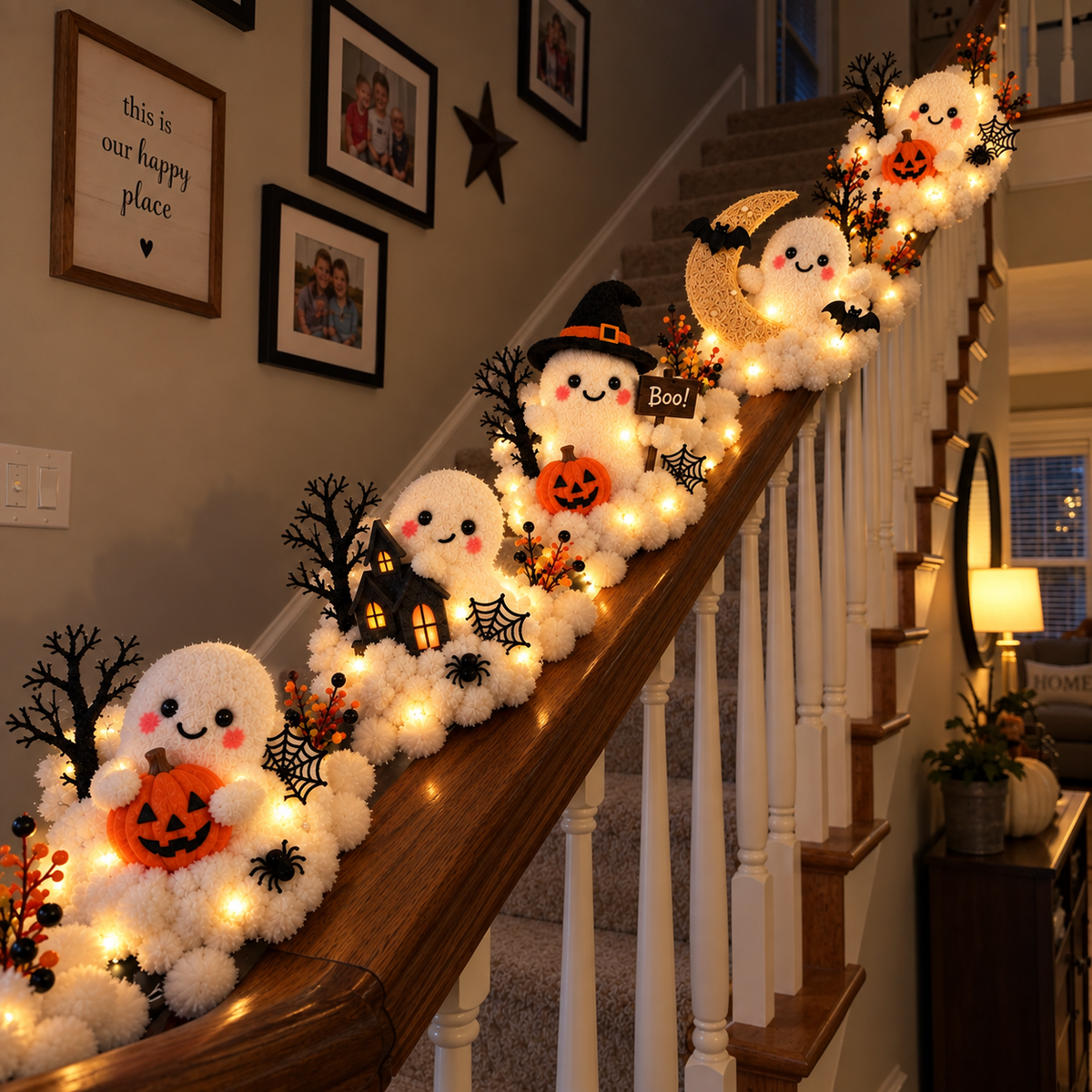 Glowing Ghost Staircase Decor – Cute Halloween Railing Accent
