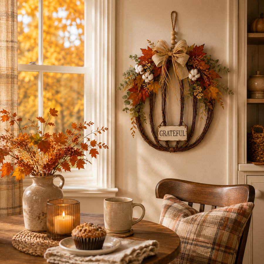 Fall pumpkin hanging decor in a cozy dining nook