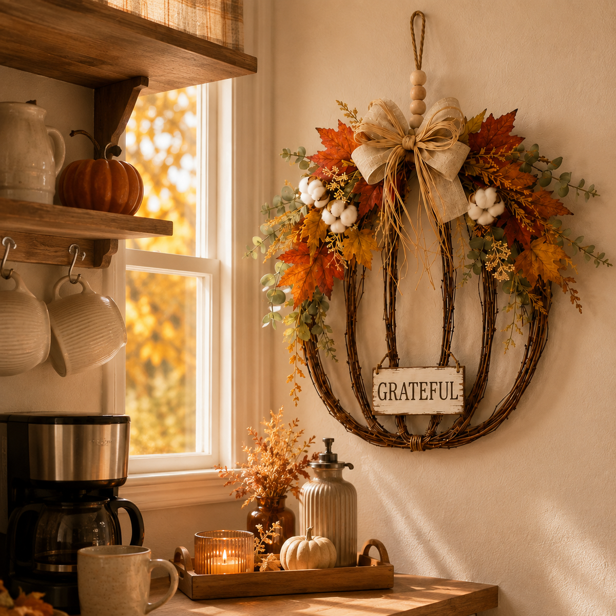 Fall pumpkin hanging decor displayed in a warm farmhouse kitchen nook