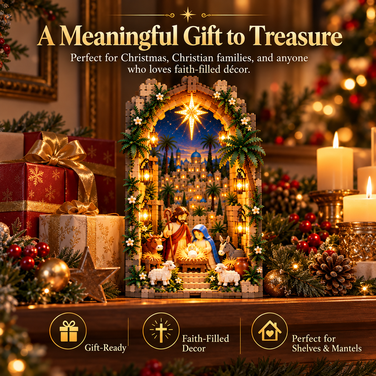 🔥Last Day 50% OFF-✨ Lighted Bethlehem Nativity Book Nook – Christmas Building Block Display of Faith