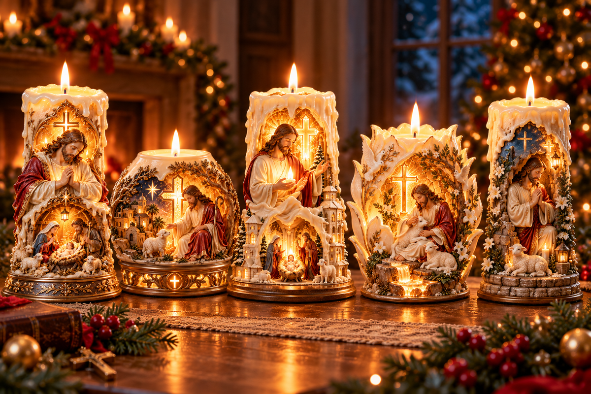 ✝️✨ Jesus Light of Faith™ – 3D Jesus Nativity Scented Candle with Glowing Cross | Christian Christmas Gift of Faith, Hope & Love
