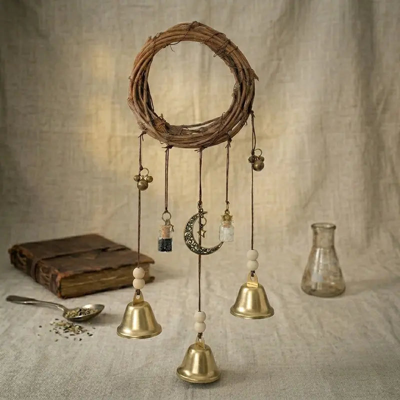 🌙 Vintage Witch Bells – Pentagram & Key Hanging Door Chime 🔔