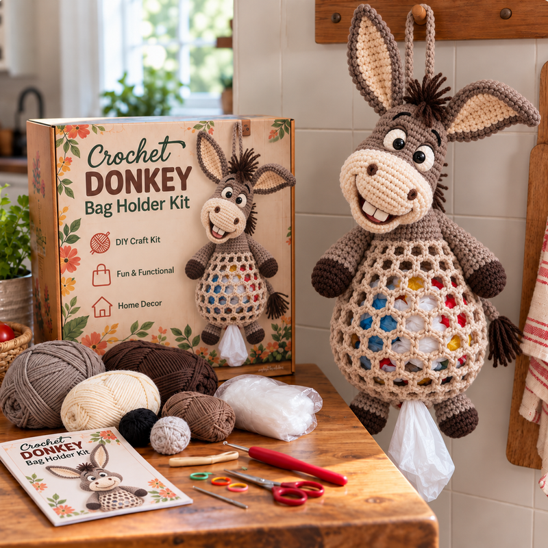 Donkey crochet bag holder DIY kit with oversized ears and a silly smile
