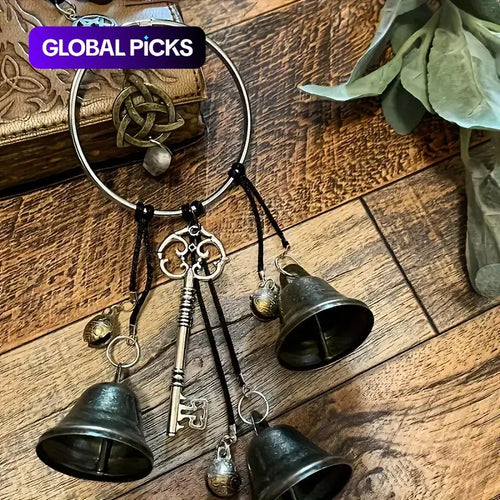 🌙 Vintage Witch Bells – Pentagram & Key Hanging Door Chime 🔔