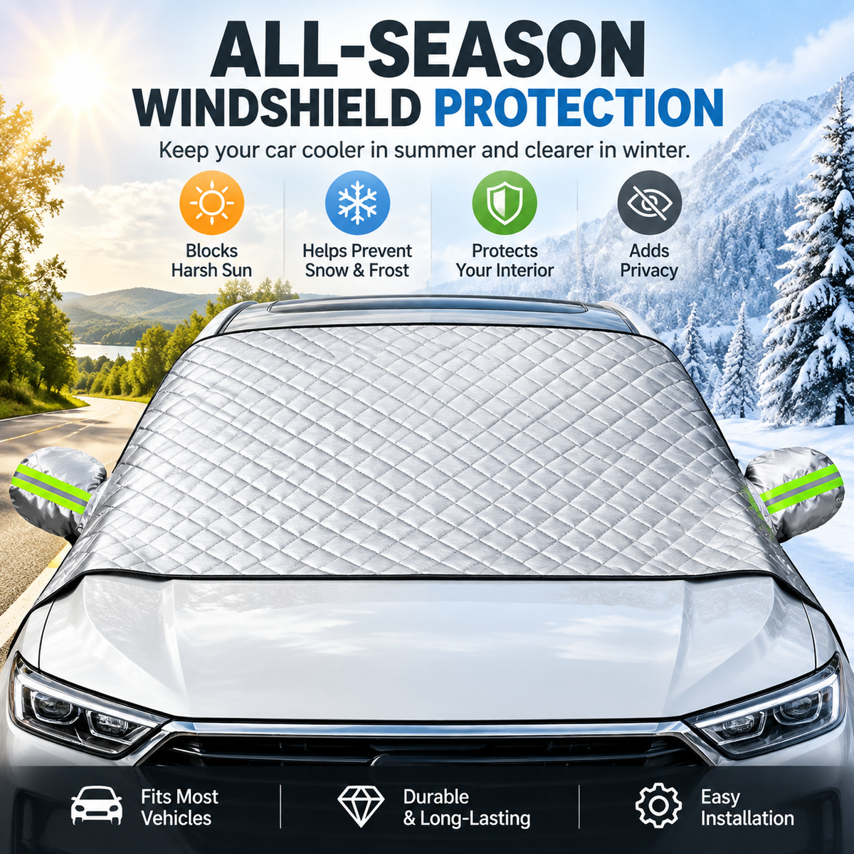 🔥Last Day 50% OFF- 🚗 Magnetic Windshield Cover – All-Season Sun, Snow & Frost Protector for Cars, SUVs & Trucks