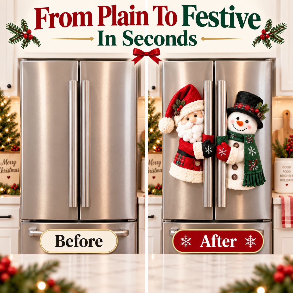 Christmas kitchen handle huggers before and after refrigerator decoration