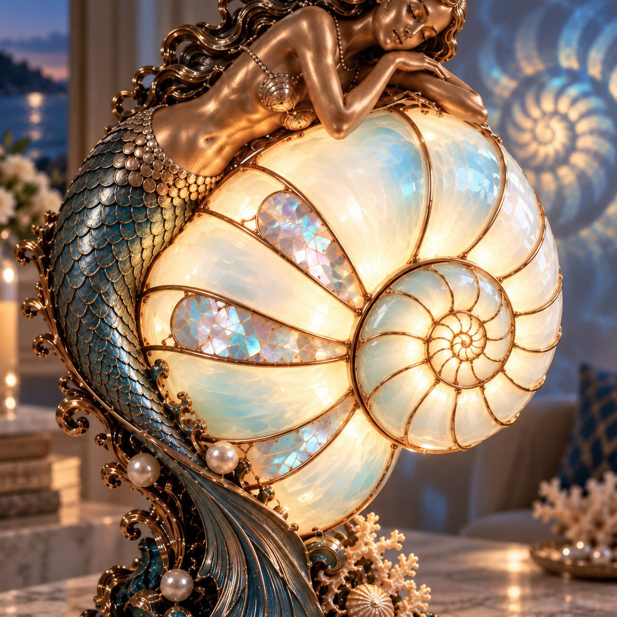 🧜‍♀️🌙 Moonlit Mermaid Nautilus Lamp™ | Ocean Projection Accent Light