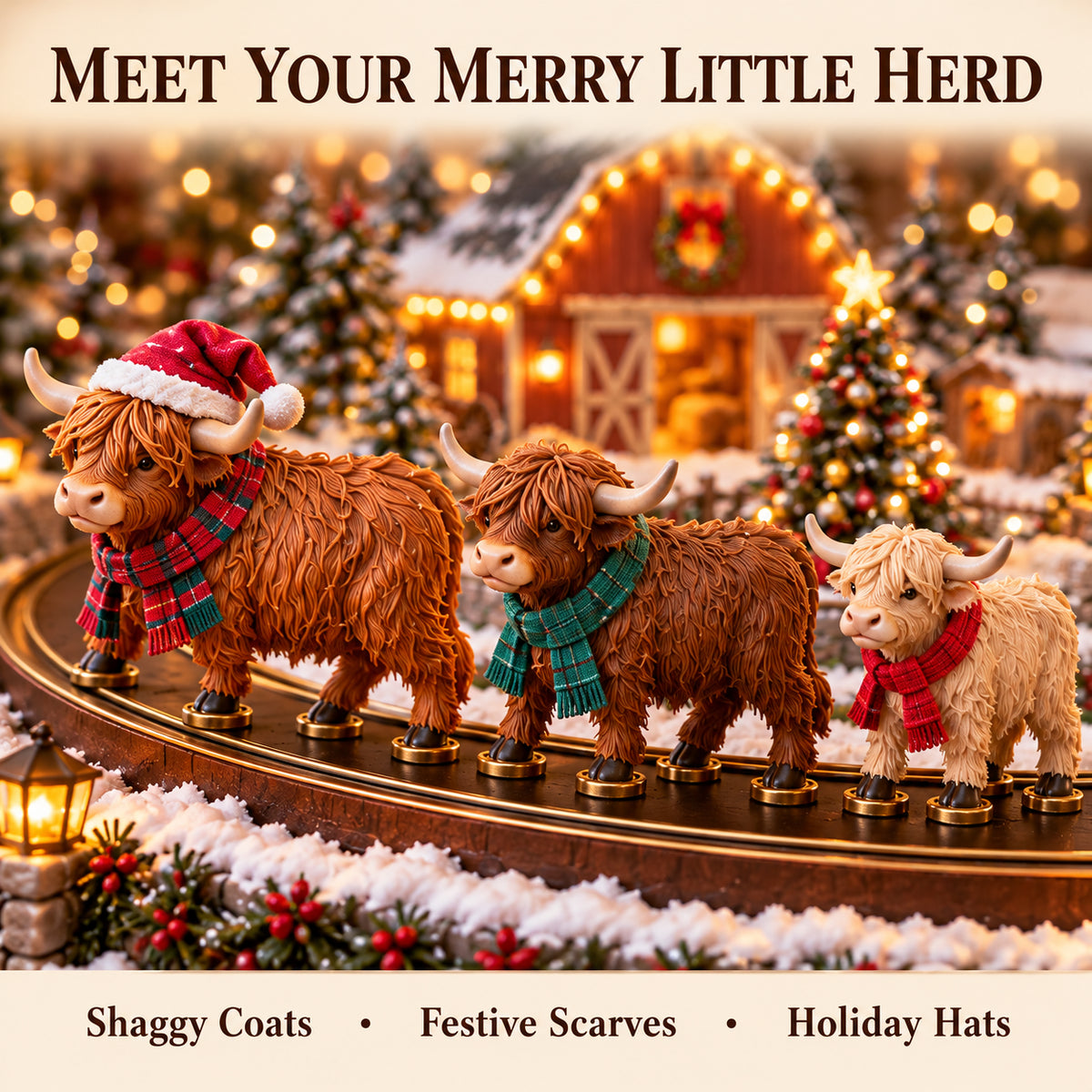 🐮🎄 Animated Highland Cow Christmas Farm – Light-Up Holiday Tabletop Décor