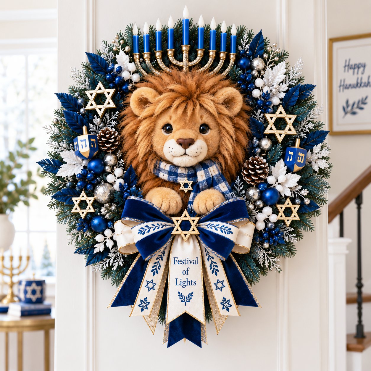 🦁✨ Lion of Judah Hanukkah Lighted Wreath - A Warm & Meaningful Welcome for the Festival of Lights