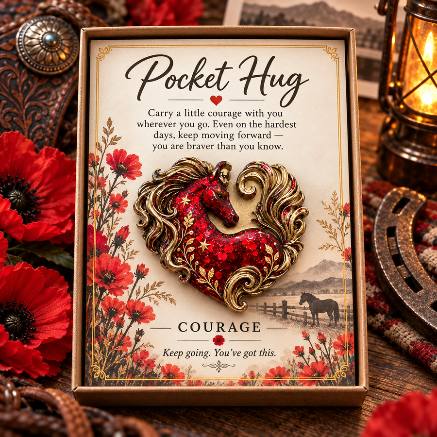 Courage design with a vivid red horse, flowing gold-tone mane and red floral details