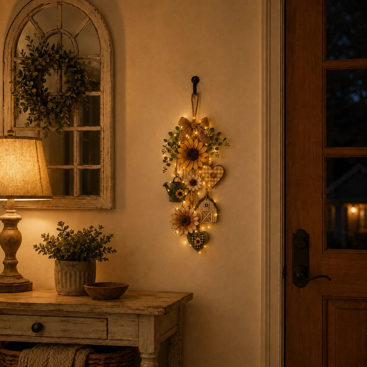 Remote controlled warm fairy lights on rustic garden hanging ornament