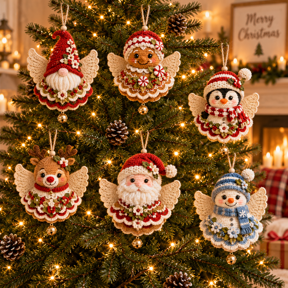 Six handmade crochet angel ornaments displayed on Christmas tree