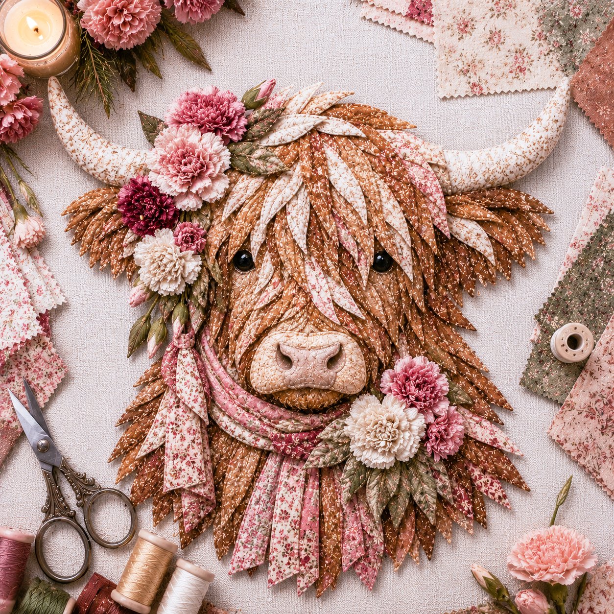 🐮💐🌸 Birth Flower Highland Cow 3D Layered Fabric Art DIY Kit (Beginner-friendly)