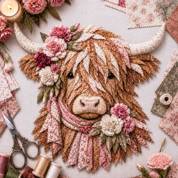 🐮💐🌸 Birth Flower Highland Cow 3D Layered Fabric Art DIY Kit (Beginner-friendly)