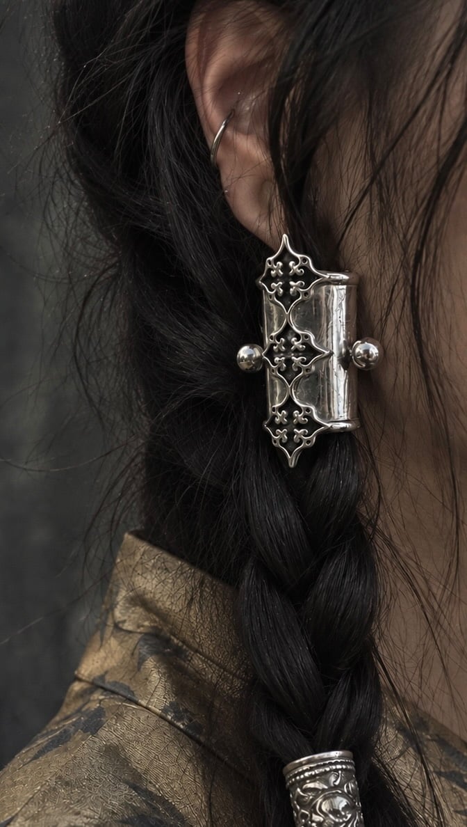 Gothic filigree hair cuff worn on braid