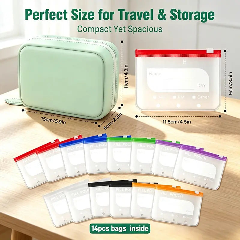 Waterproof Pill Pouch Set, 14pcs Bags Inside, A8 Waterproof Pill Organizer Set, 7 to 14 Days of Meds 💊