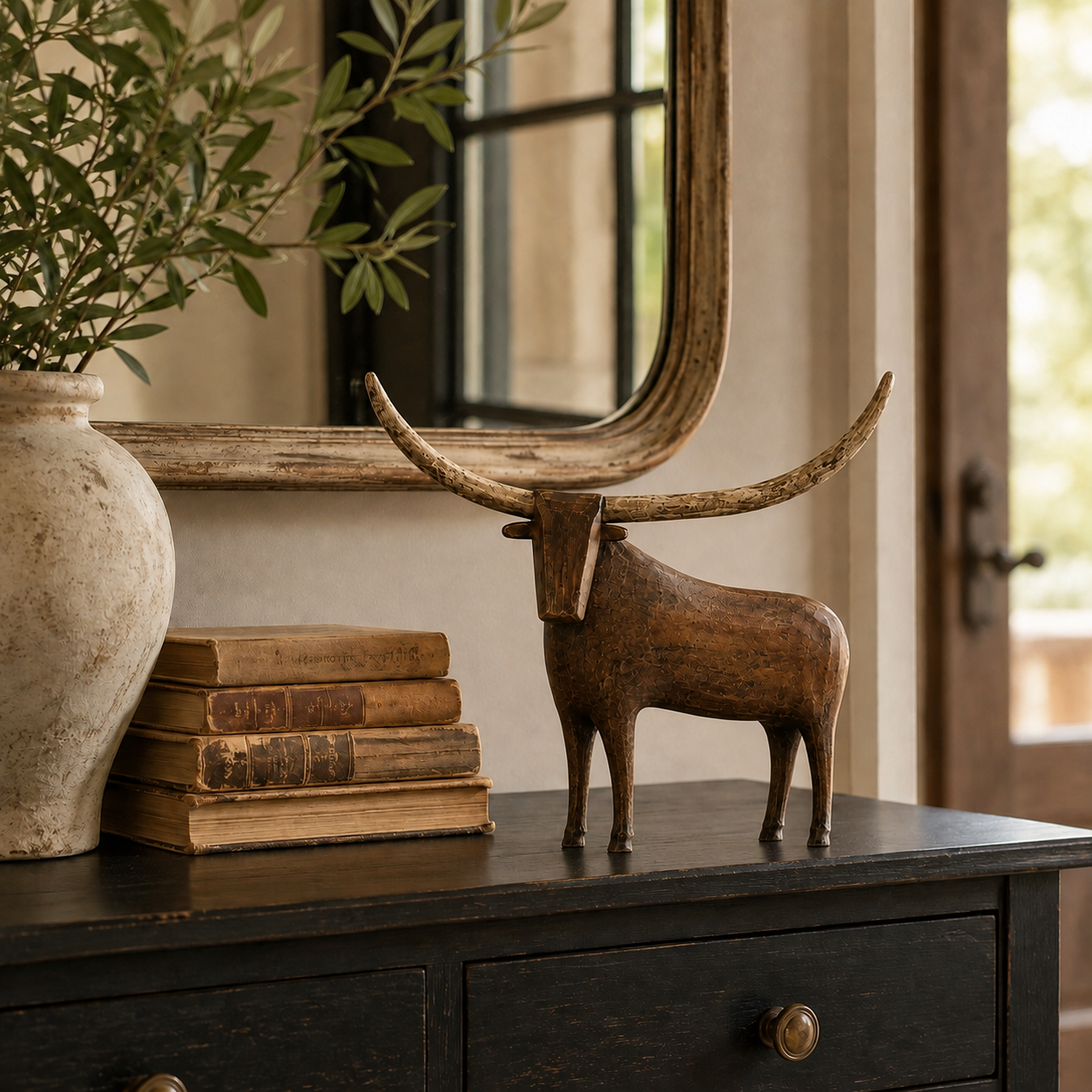 🐂 Vintage Longhorn Sculpture – Antique-Inspired Western Home Accent