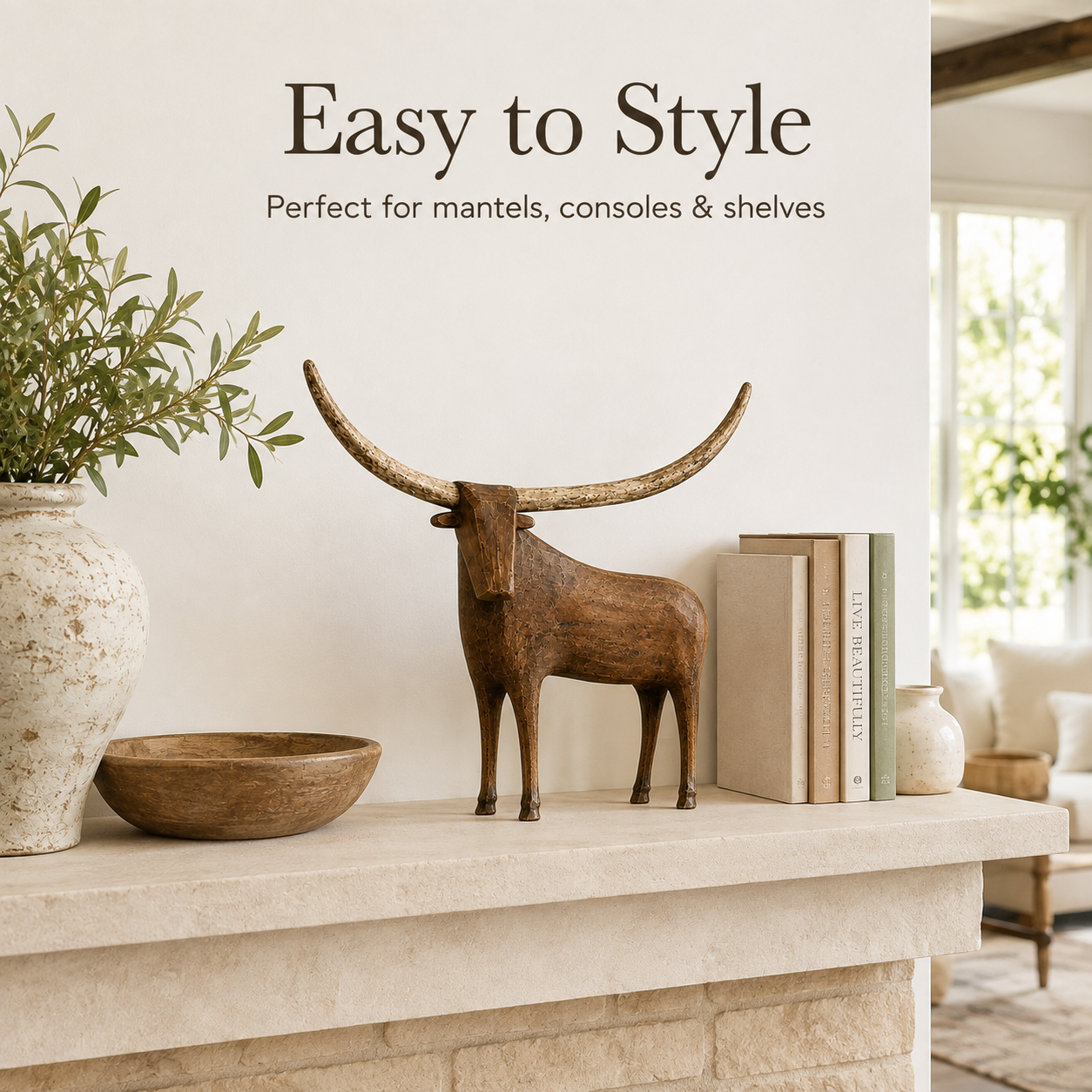 🐂 Vintage Longhorn Sculpture – Antique-Inspired Western Home Accent