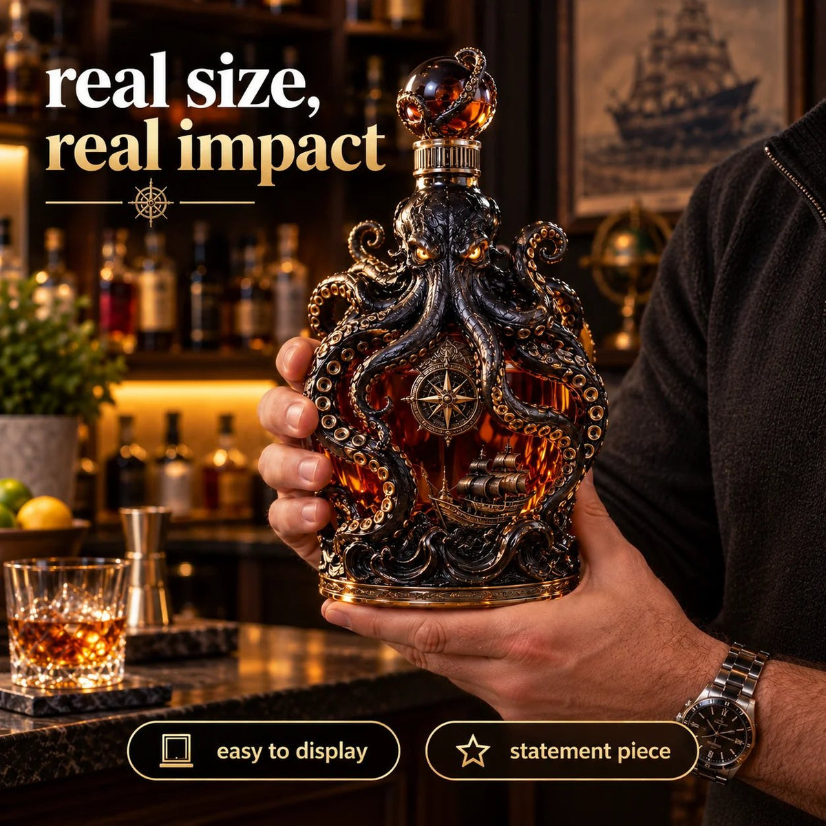 🐙Kraken Voyage Octopus Whiskey Decanter | Gothic Nautical Bar Centerpiece