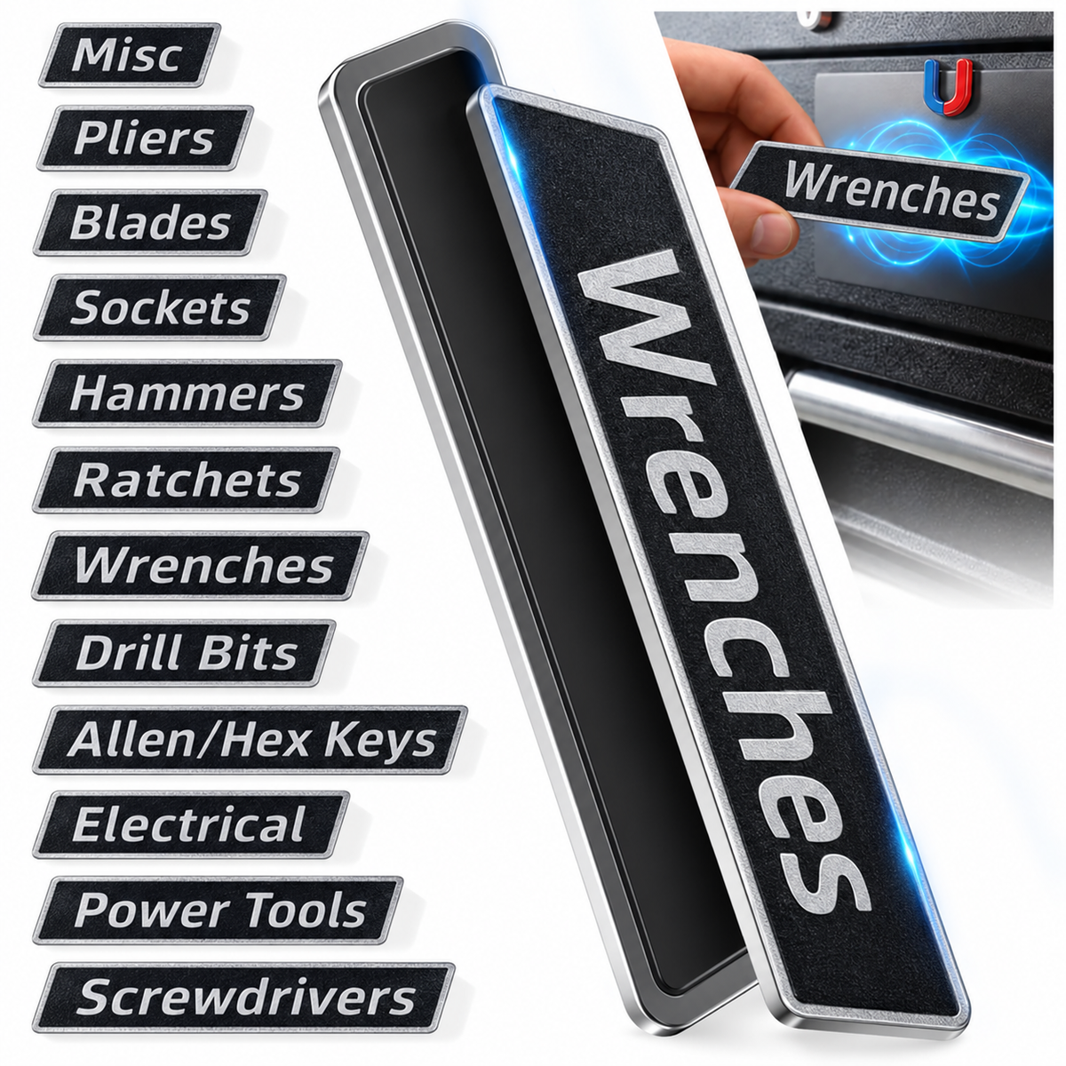 12 pack black magnetic toolbox labels with Wrenches label