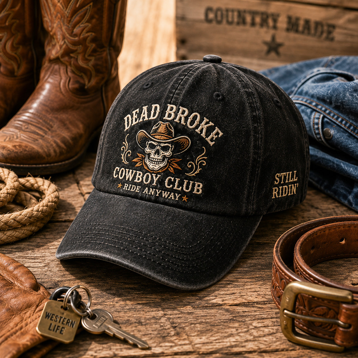 🤠 Dead Broke Cowboy Club Vintage Western Cap — Embroidered Washed Baseball Hat