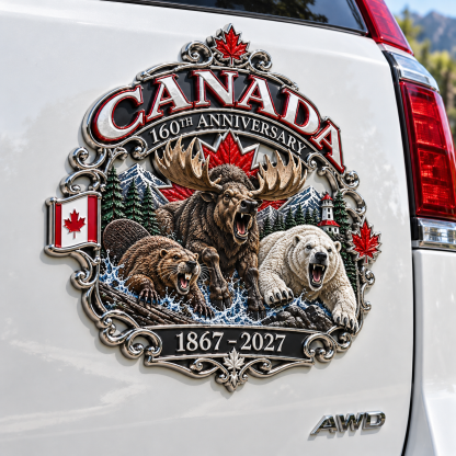 Canada 160th Anniversary 3D Car Emblem – Moose, Beaver & Polar Bear Maple Leaf Badge, 1867–2027