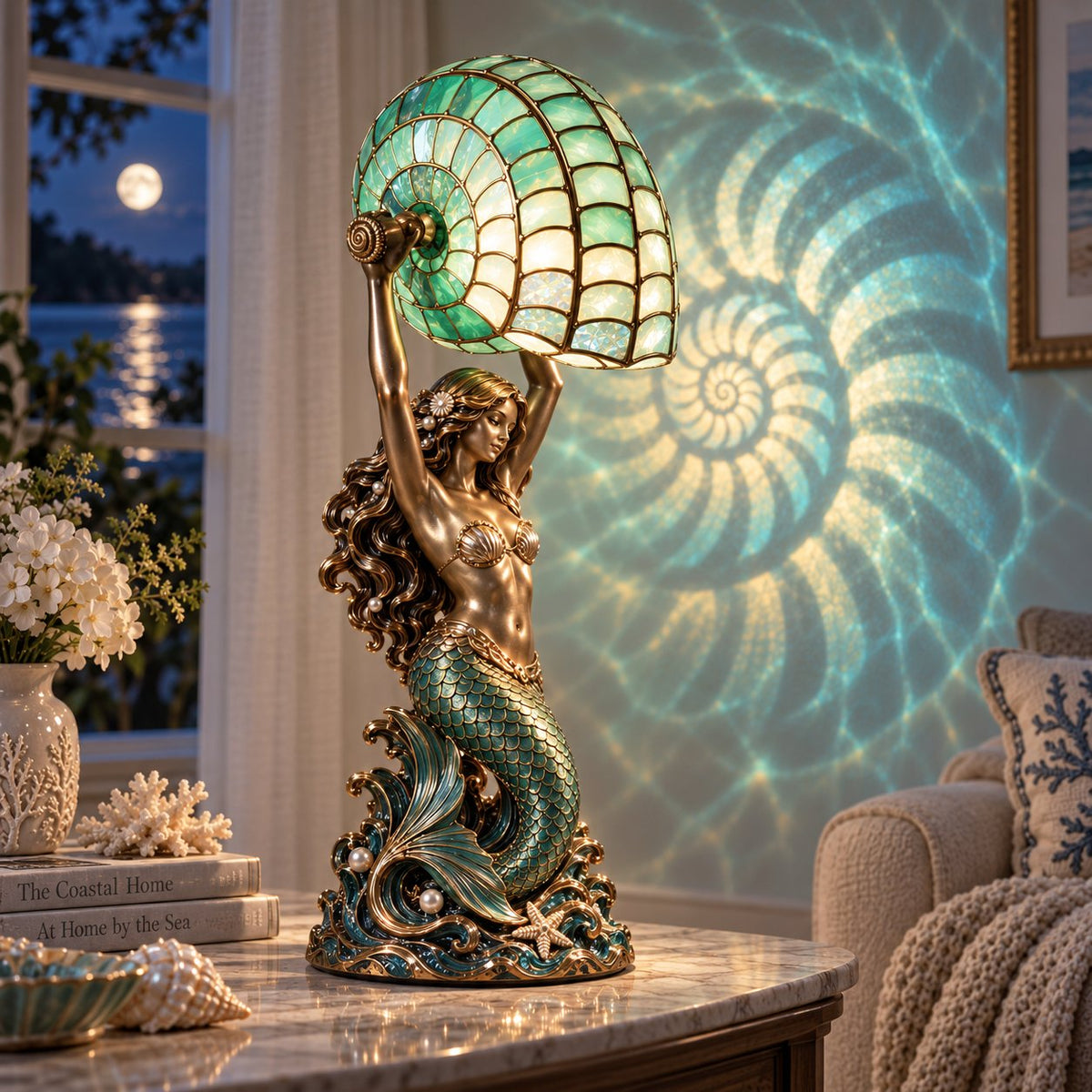 🧜‍♀️🌙 Moonlit Mermaid Nautilus Lamp™ | Ocean Projection Accent Light