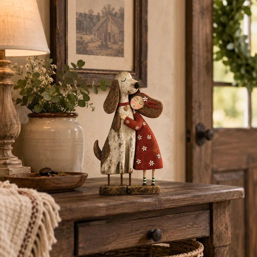Girl and dog folk art figurine