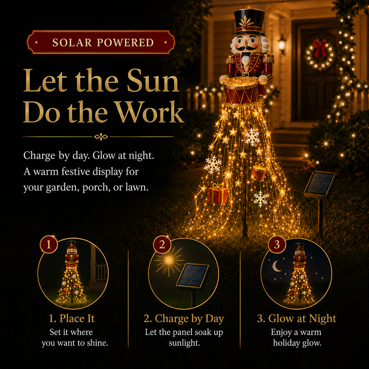 🎖️✨ Nutcracker Magic Drum Cascade Solar Christmas Garden Light