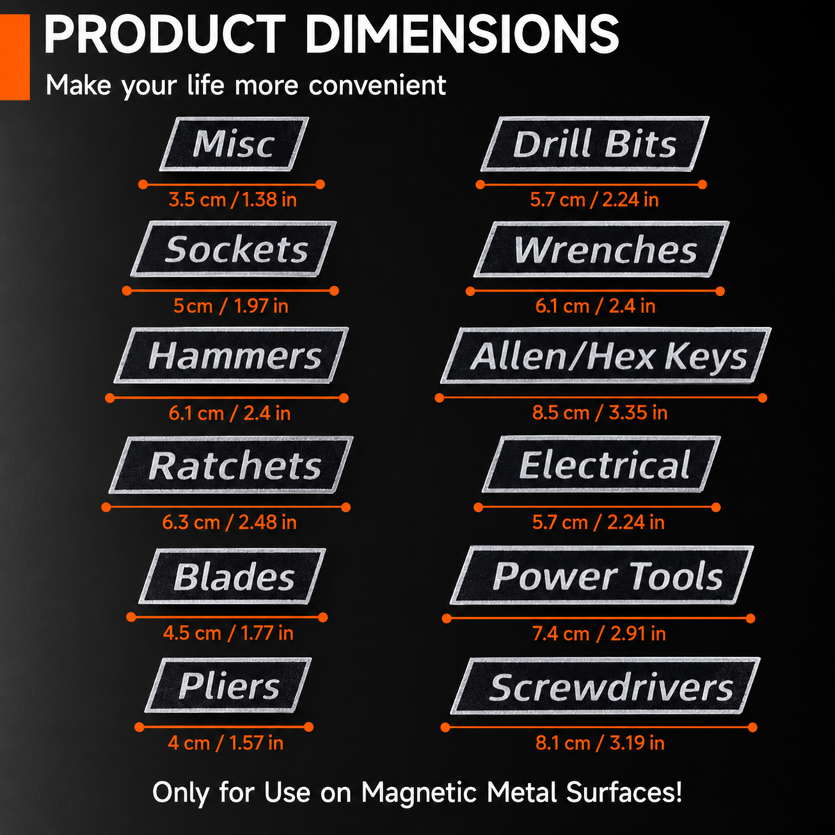Magnetic toolbox label dimensions by tool category