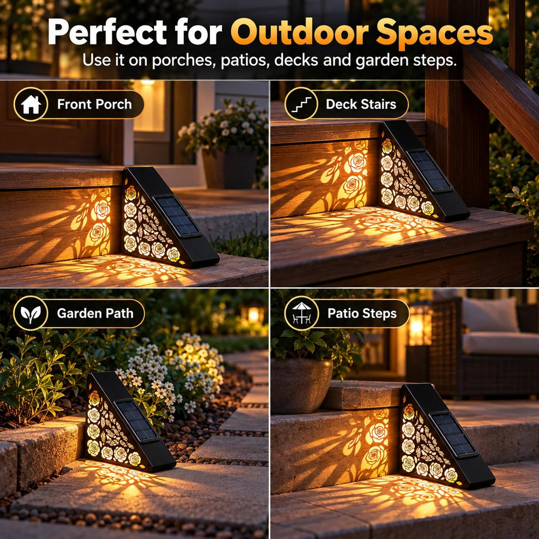 Solar step lights automatically illuminated at dusk