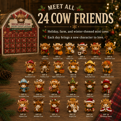 🎄 2026 Cozy Highland Cow Crochet Advent Calendar – 24 Unique Christmas Cow Friends