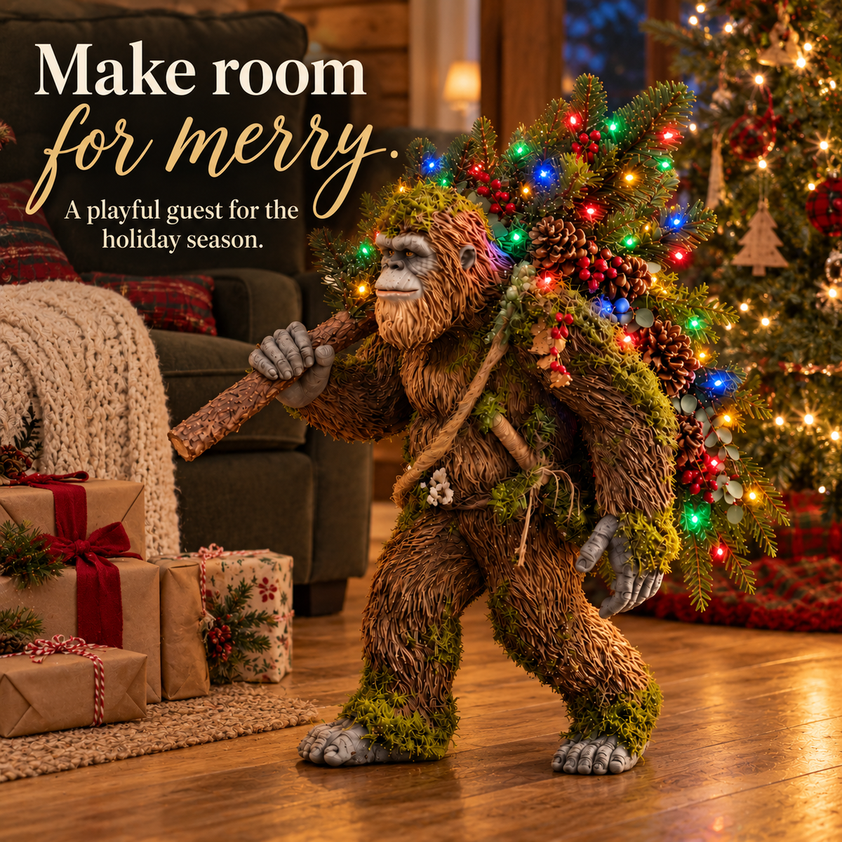 Woodland Sasquatch lighted Christmas decor beside holiday gifts
