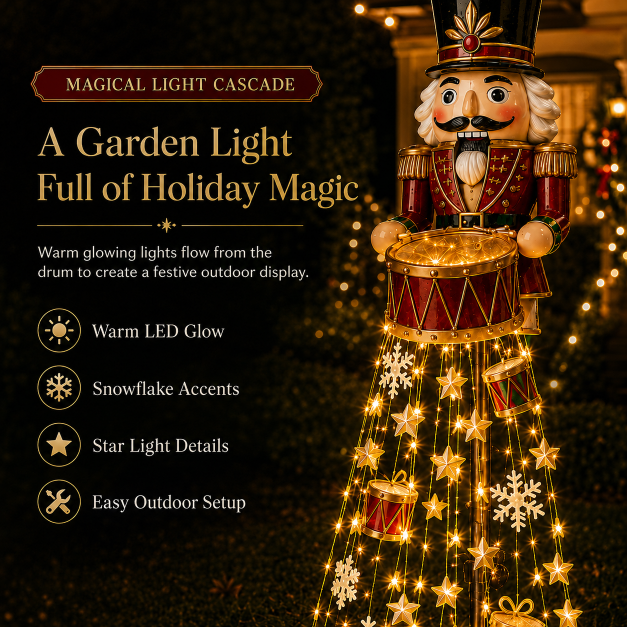 🎖️✨ Nutcracker Magic Drum Cascade Solar Christmas Garden Light