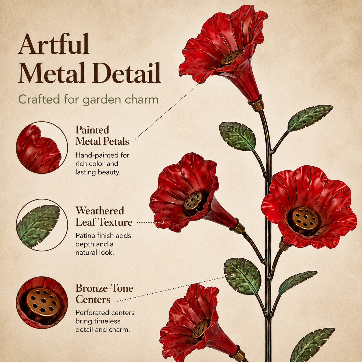 Painted metal petals weathered leaves and bronze-tone feeding center detail