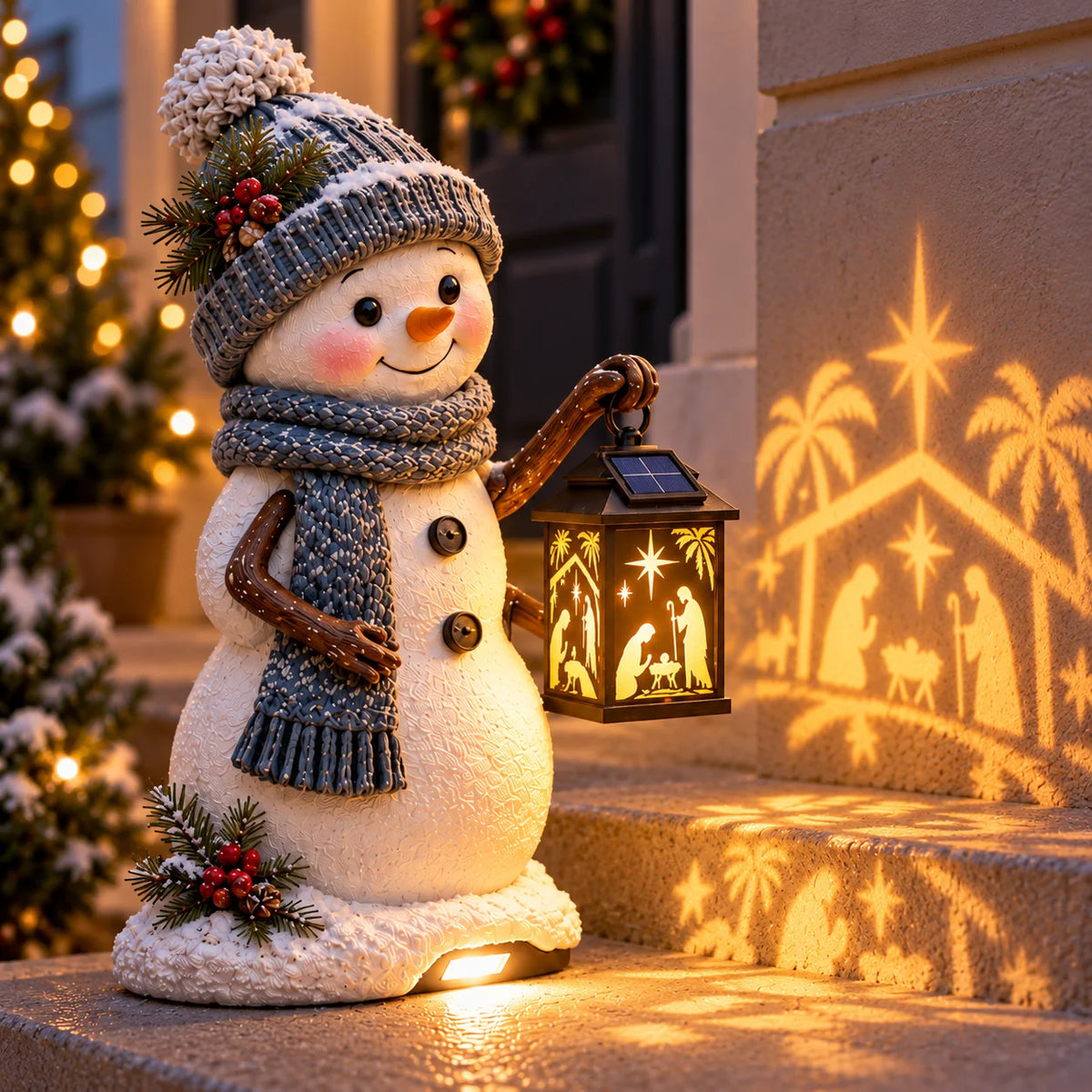 Snowman holding glowing Nativity lantern