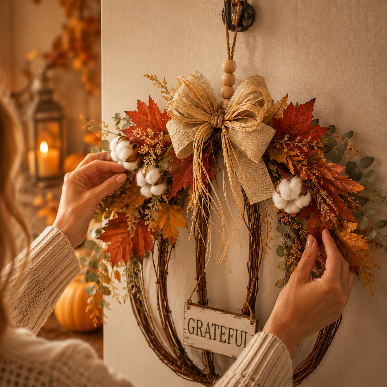Close-up view of hands adjusting the layered fall pumpkin door hanging decor