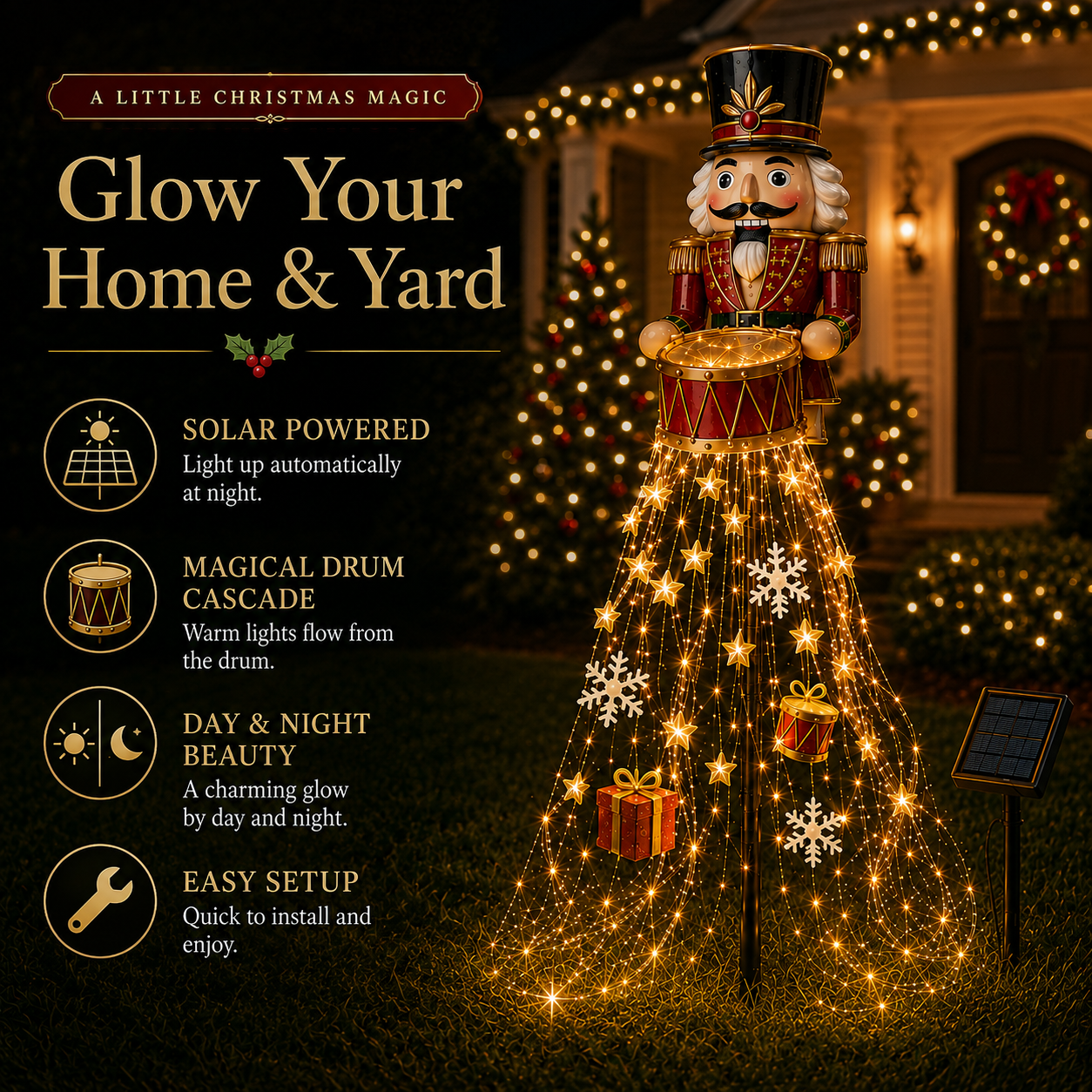 🎖️✨ Nutcracker Magic Drum Cascade Solar Christmas Garden Light