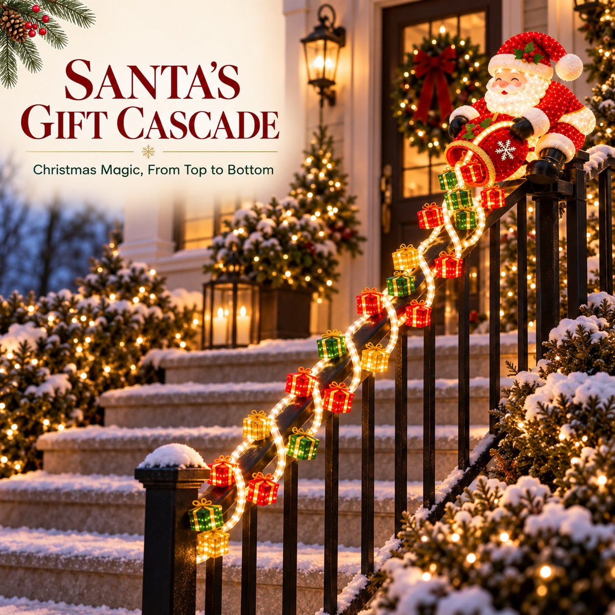 🎅🎁 Lighted Santa Gift Cascade Railing Décor