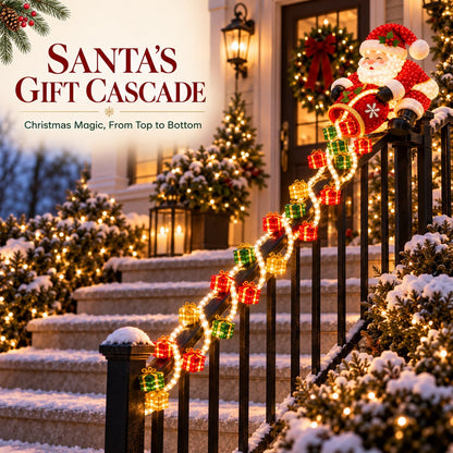 🎅🎁 Lighted Santa Gift Cascade Railing Décor