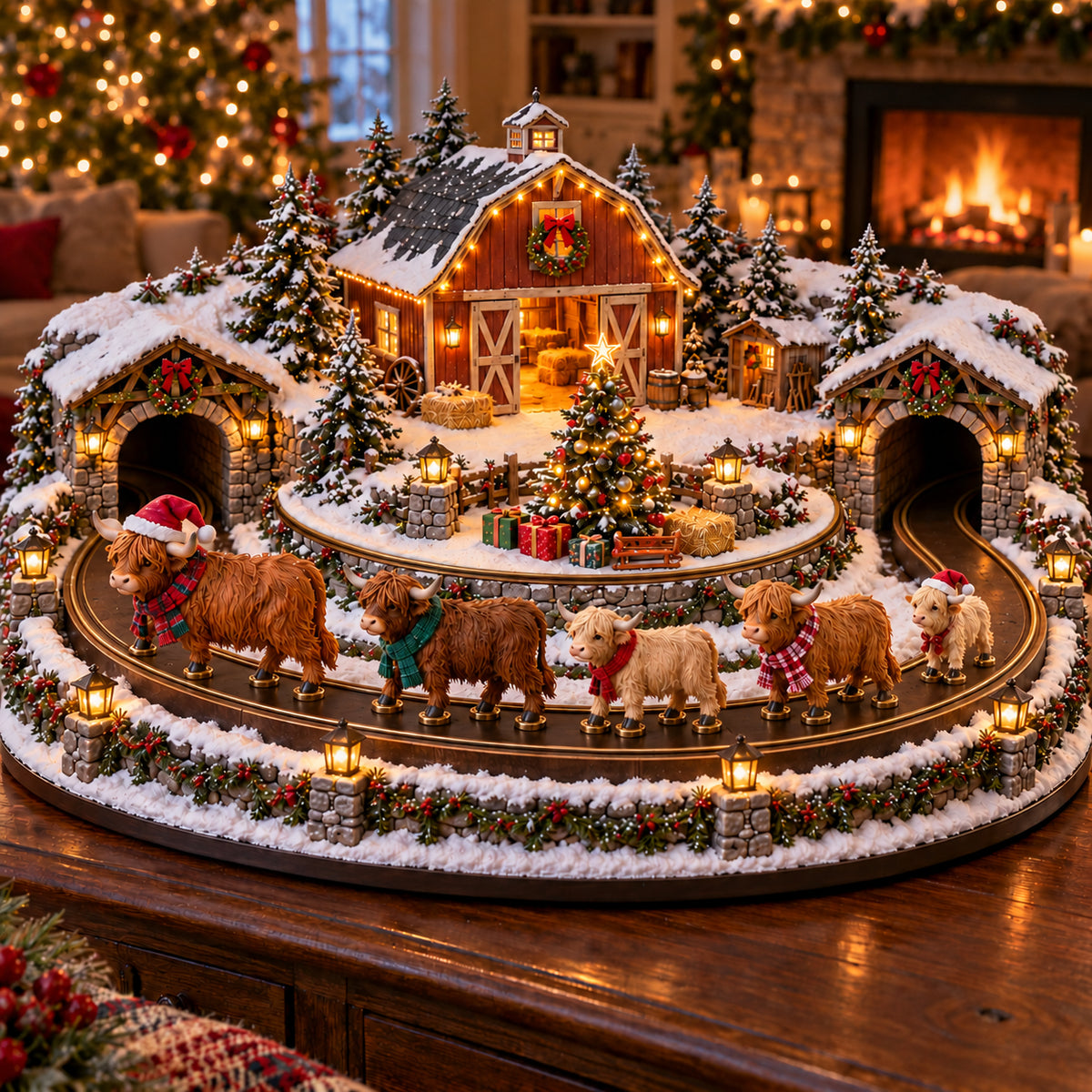 🐮🎄 Animated Highland Cow Christmas Farm – Light-Up Holiday Tabletop Décor