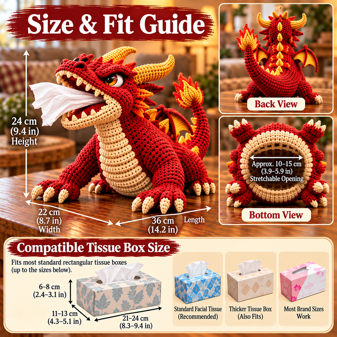 Fire-Breathing Dragon size guide showing length 36 cm, width 22 cm, height 24 cm and compatible tissue box measurements