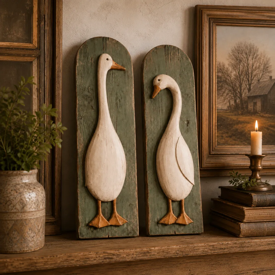 Rustic goose wall art set displayed in farmhouse interior