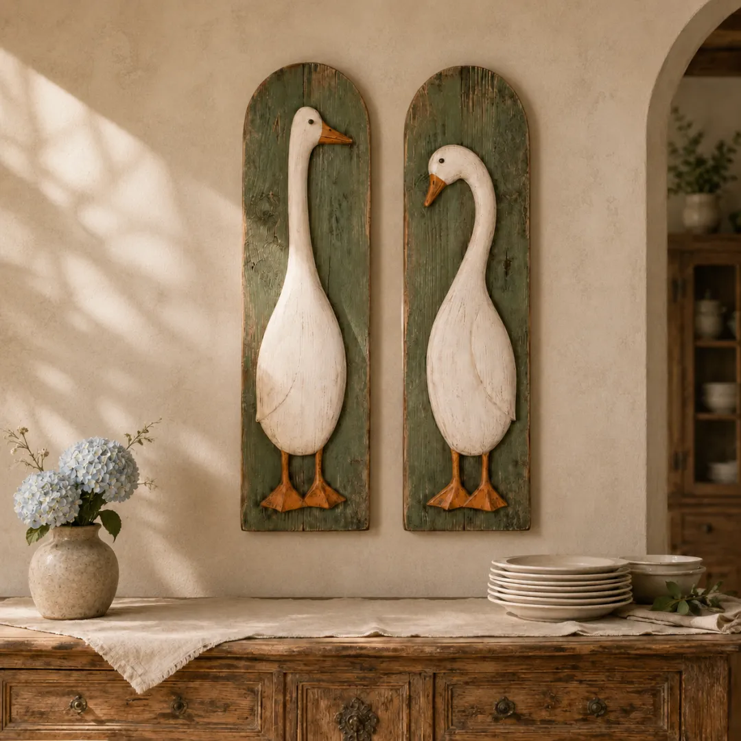 Rustic goose wall art displayed above farmhouse sideboard