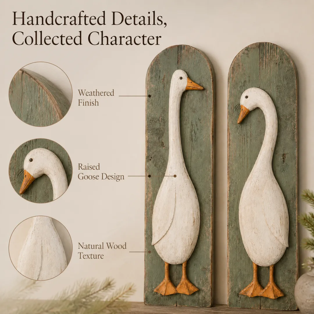 Close up rustic finish and raised goose wall art details