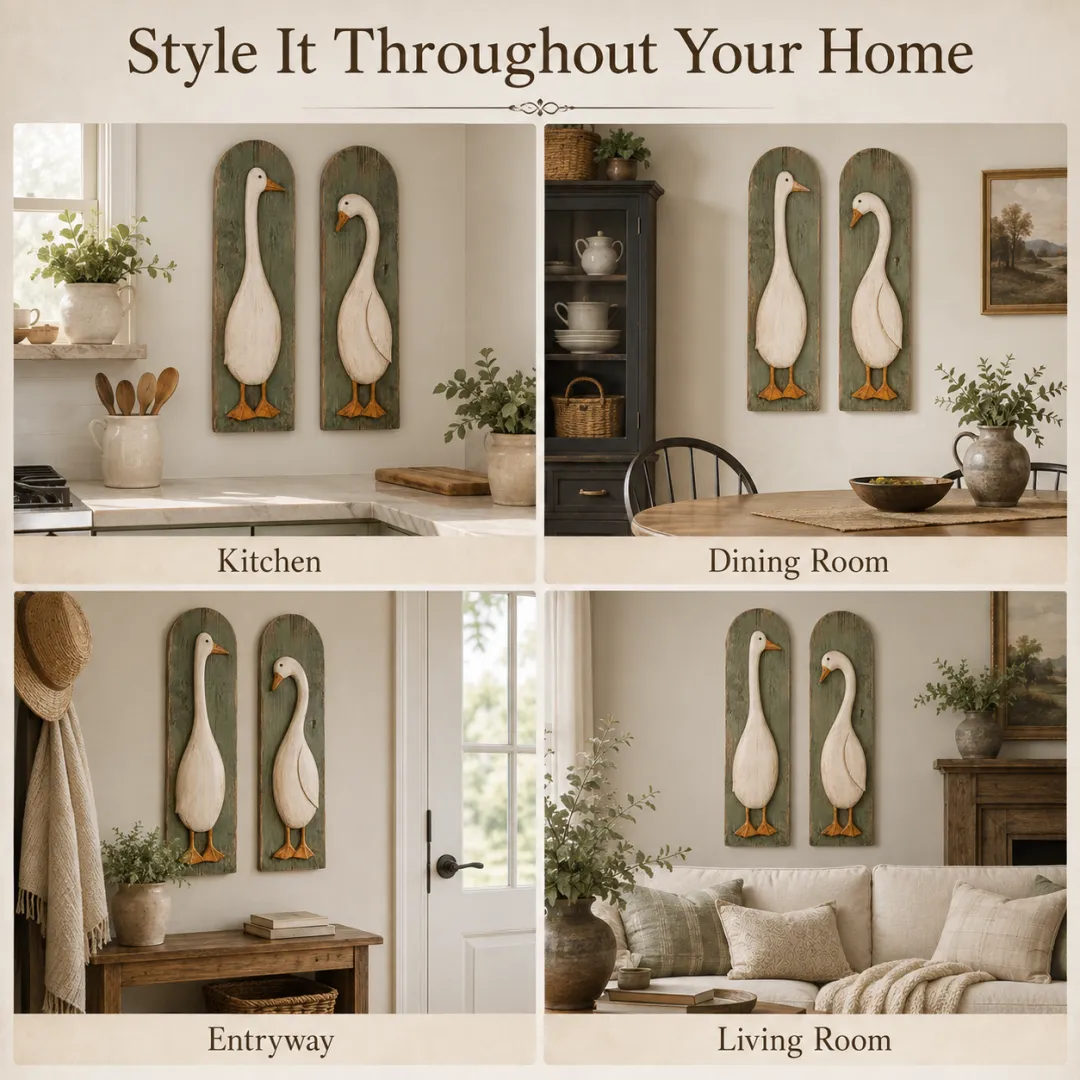 Goose wall art styled in kitchen dining room entryway and living room