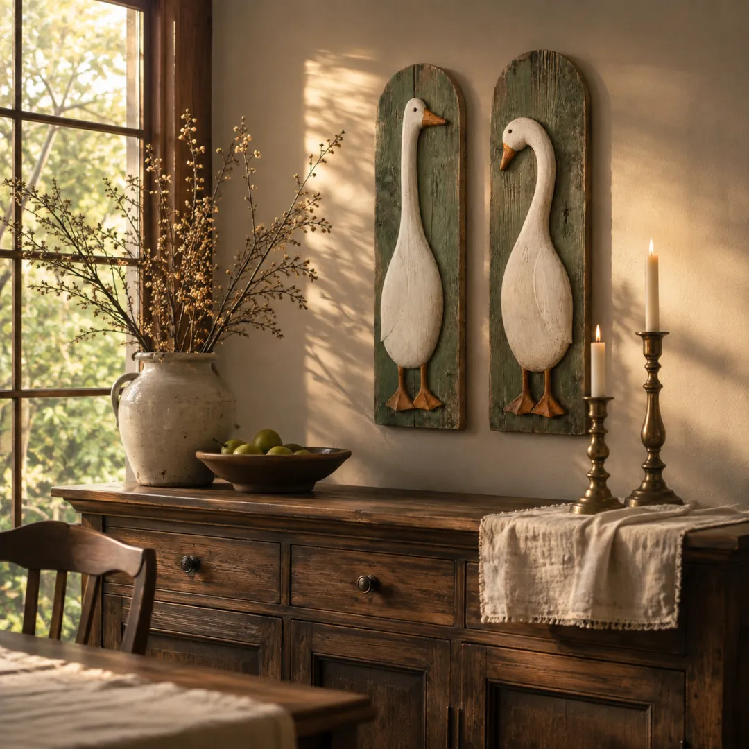 Rustic goose art in warm vintage dining room