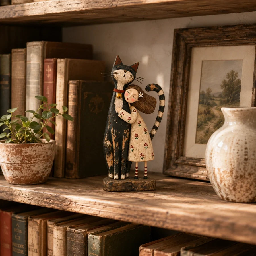 Girl and cat folk art shelf decor